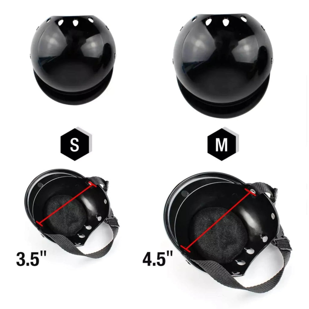 Two black protective helmets shown on a white background, with one labeled S and one labeled M. The bottom of each helmet view includes an interior measurement graphic with a red diagonal arrow and text showing 3.