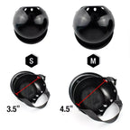 Two black protective helmets shown on a white background, with one labeled S and one labeled M. The bottom of each helmet view includes an interior measurement graphic with a red diagonal arrow and text showing 3.