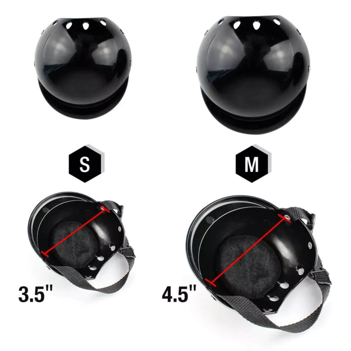 Two black protective helmets shown on a white background, with one labeled S and one labeled M. The bottom of each helmet view includes an interior measurement graphic with a red diagonal arrow and text showing 3.