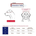 A size measurement chart for a dog head cover, showing line drawings of a dog head with red measurement guides for head circumference and diameter, plus a dimension table with size S and M measurements.