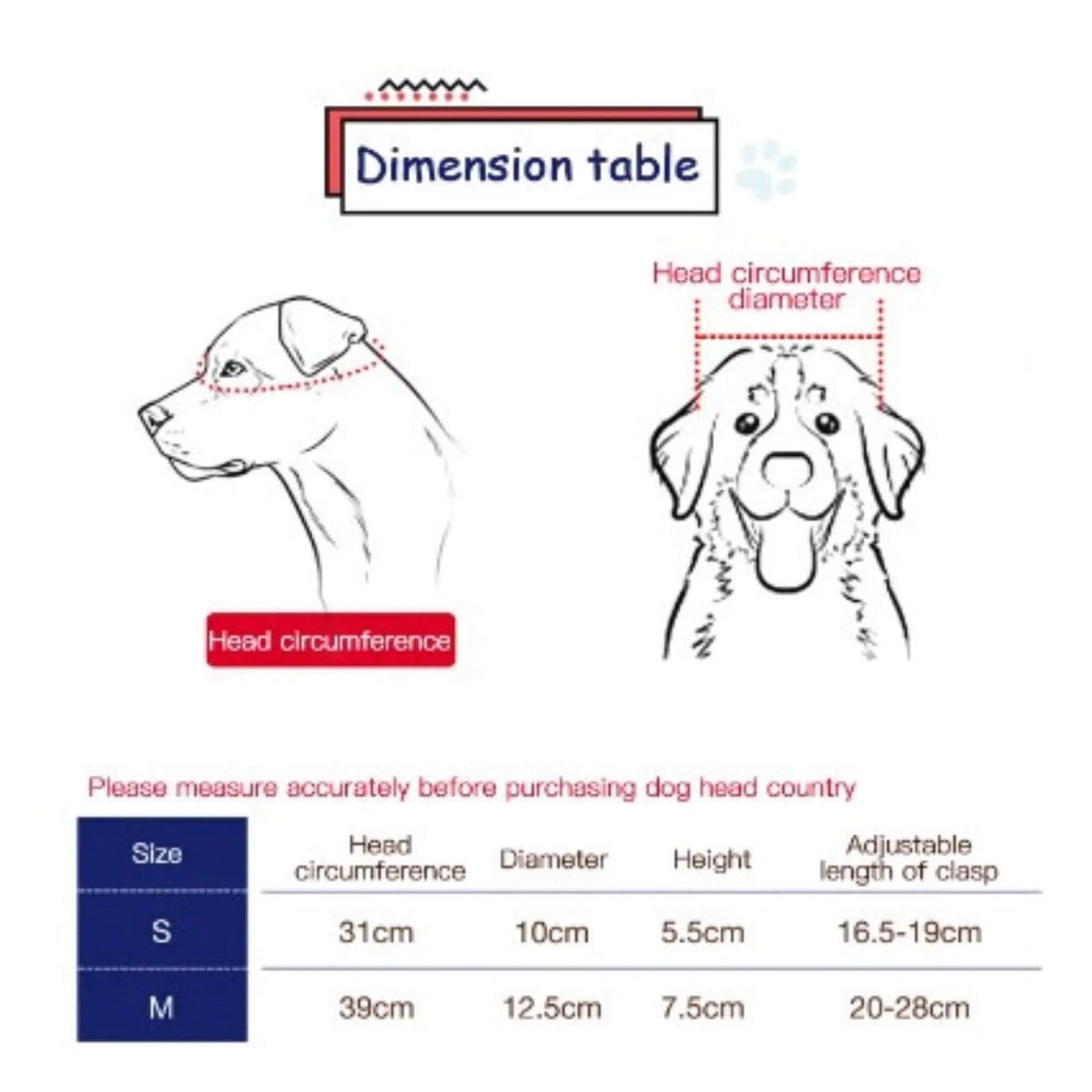 A size measurement chart for a dog head cover, showing line drawings of a dog head with red measurement guides for head circumference and diameter, plus a dimension table with size S and M measurements.