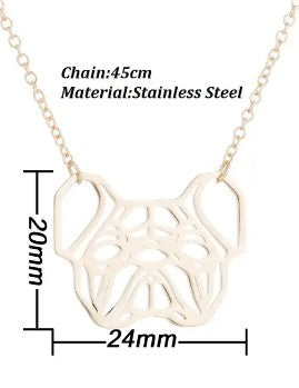 A gold-toned stainless steel pendant necklace with a geometric cat face cutout design, shown on a white background with dimension lines indicating a 24mm width, 20mm height, and a 45cm chain.