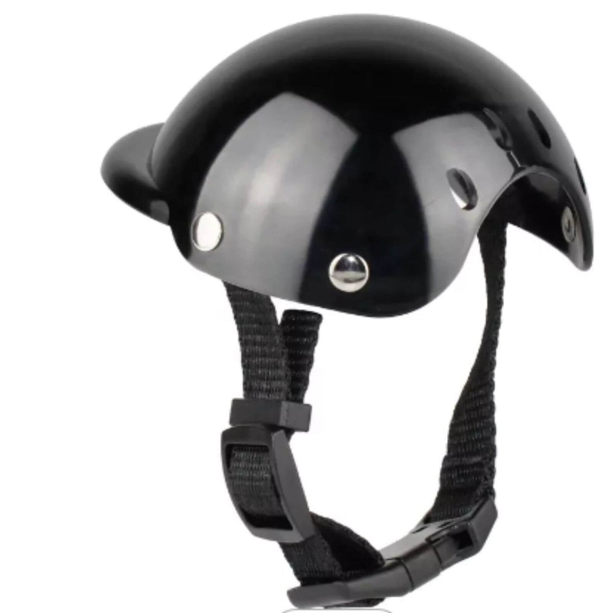 A glossy black motorcycle helmet with a matching black chin strap and buckle, shown against a plain white background.