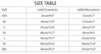 A size table with columns for Size, Chest (cm/inch), and Length (cm/inch), listing XXS through XXL sizes and measurements