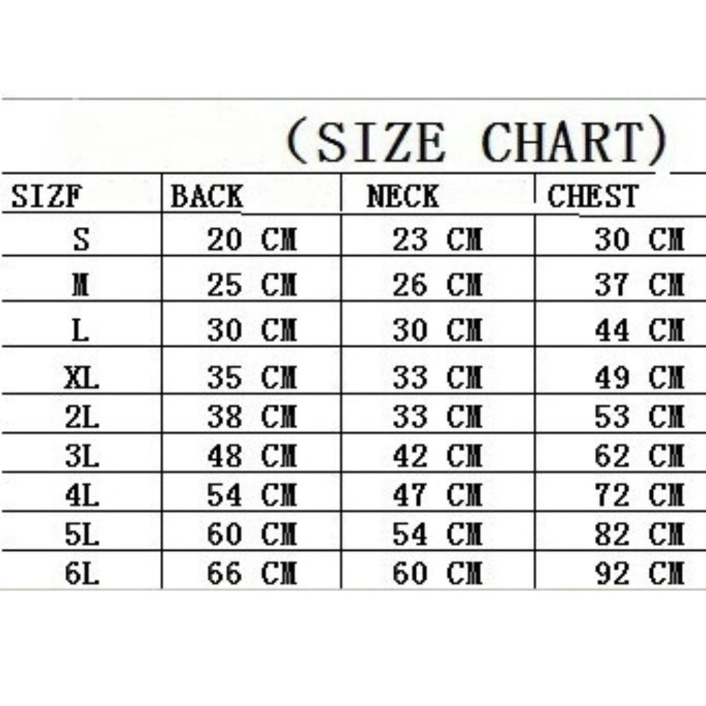A size chart table showing measurements for sizes S through 6L, with columns labeled BACK, NECK, and CHEST in centimeters.