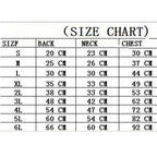 A size chart table showing measurements for sizes S through 6L, with columns labeled BACK, NECK, and CHEST in centimeters.