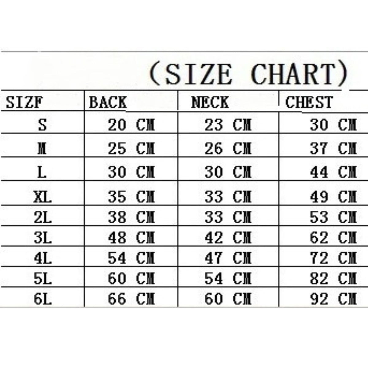 A size chart table showing measurements for sizes S through 6L, with columns labeled BACK, NECK, and CHEST in centimeters.