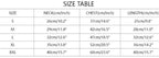 A size chart table titled 'SIZE TABLE' showing neck, chest, and length measurements in centimeters and inches for sizes S through XXL.