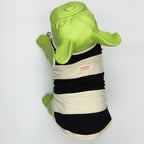 A dog tank top with black and cream horizontal stripes, displayed on a green plastic dog mannequin against a plain white background. The brand label reads 'TOMEPETS.